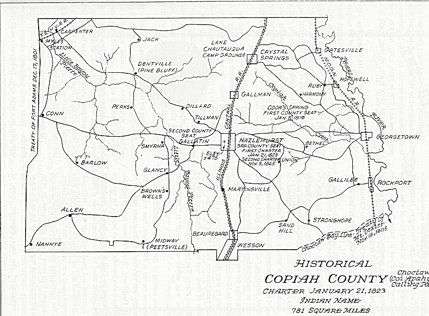 Old map of Copiah with cemeteries displayed