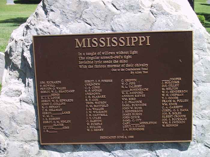 marker at Stonewall Cemetery commemorating Mississippi dead buried there