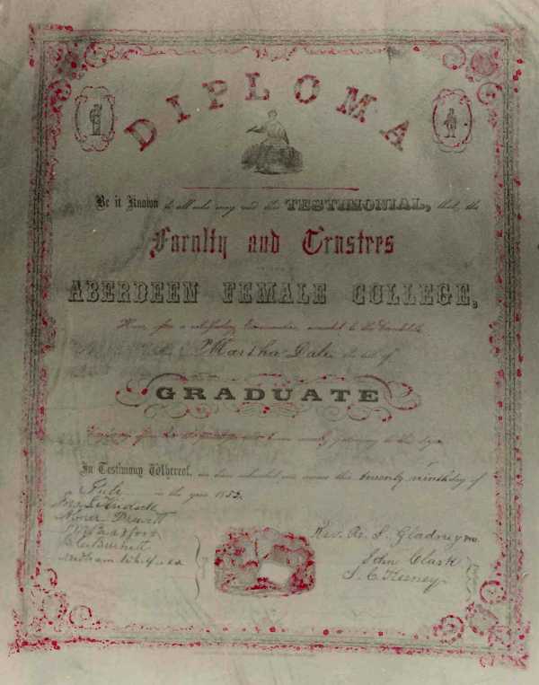 scanned image of Martha Dale's diploma from Aberdeen Female College