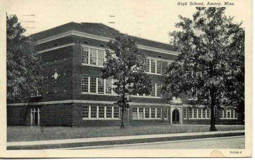 postcard of old Amory High School